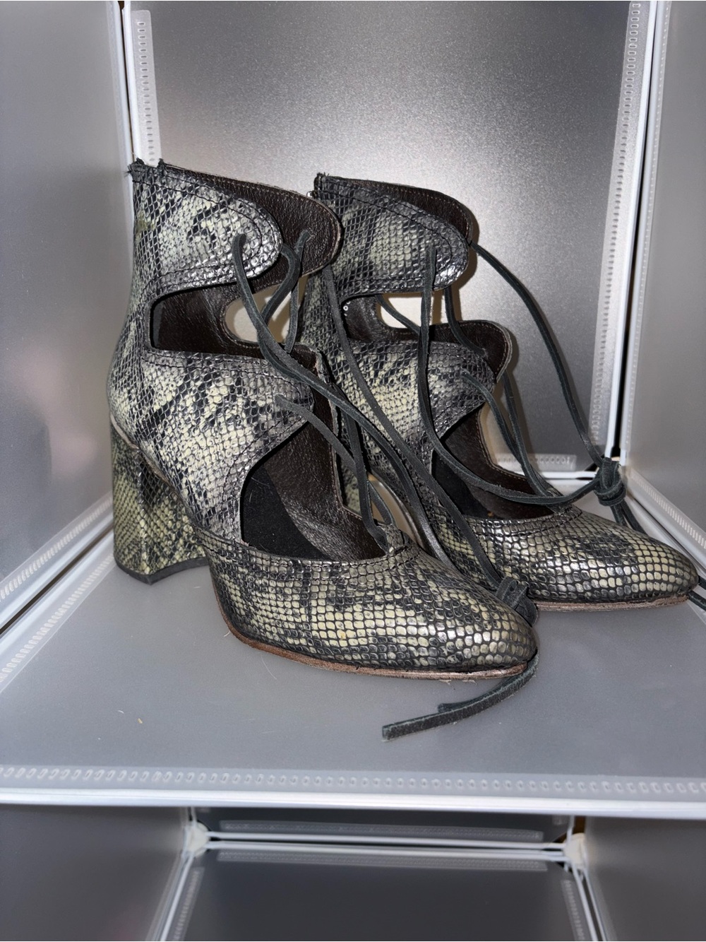 Freebird by Steven Snakeskin Lace-Up Block Heel Pumps - Black/Gray